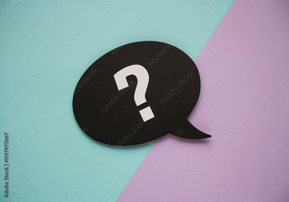 Poster speech bubble with question mark on colorful background highlighting communication and inquiry