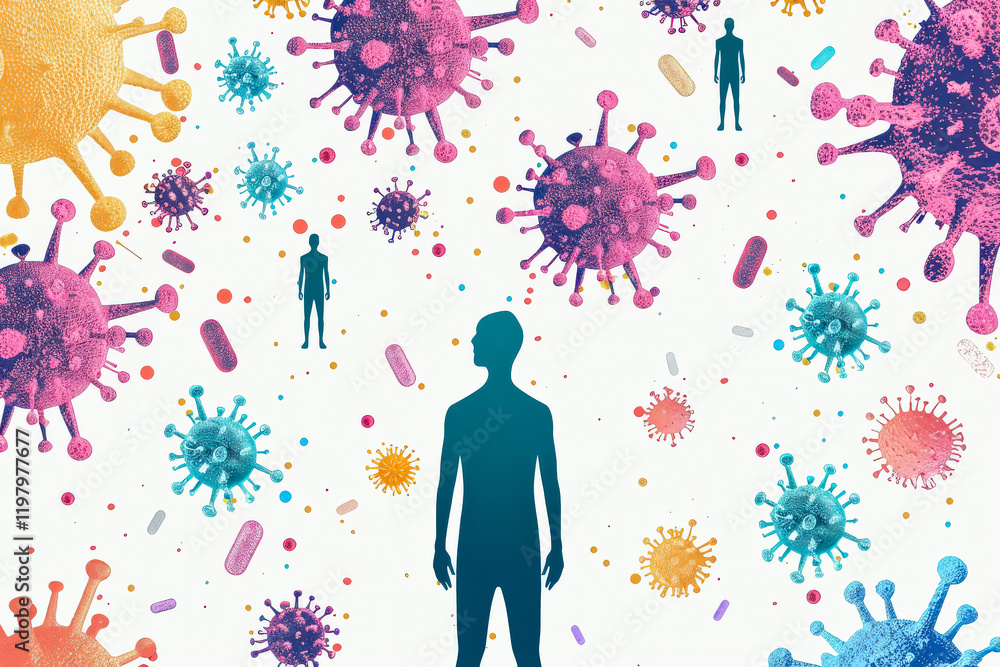 Poster man is looking at a colorful, chaotic scene of viruses and bacteria. concept of unease and uncertain