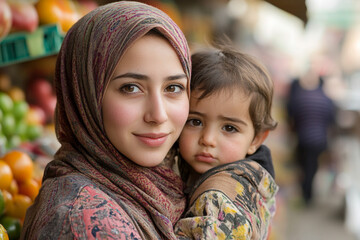 Young mother in hijab enjoys grocery shopping with her child in the market