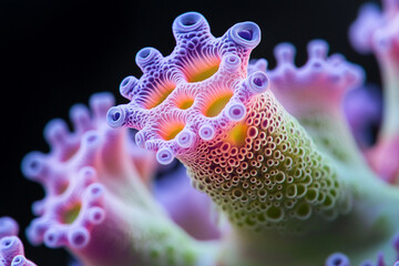Organic shapes resembling microscopic organisms in vibrant colors and textures