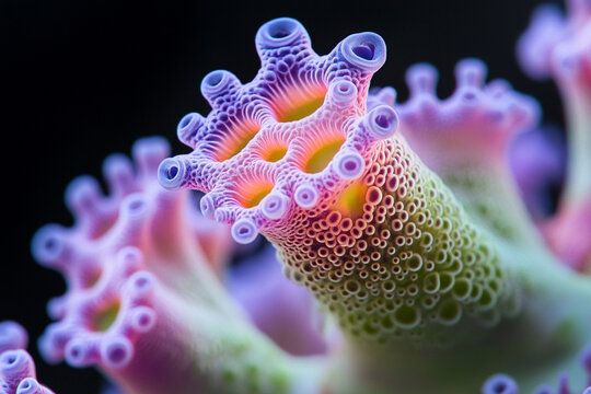 Organic shapes resembling microscopic organisms in vibrant colors and textures
