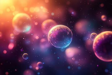Iridescent bubble-like spheres create a vibrant atmosphere on a dark background