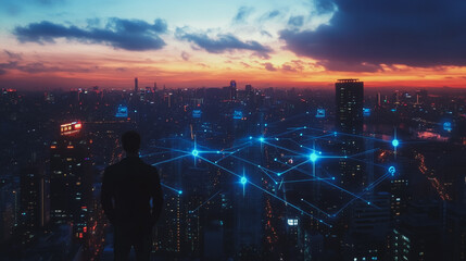 Abstract business man stands on the peak of success amid tall, innovative Smart city and graphs with statistics to analyze business potential and predict future developments in company growth.