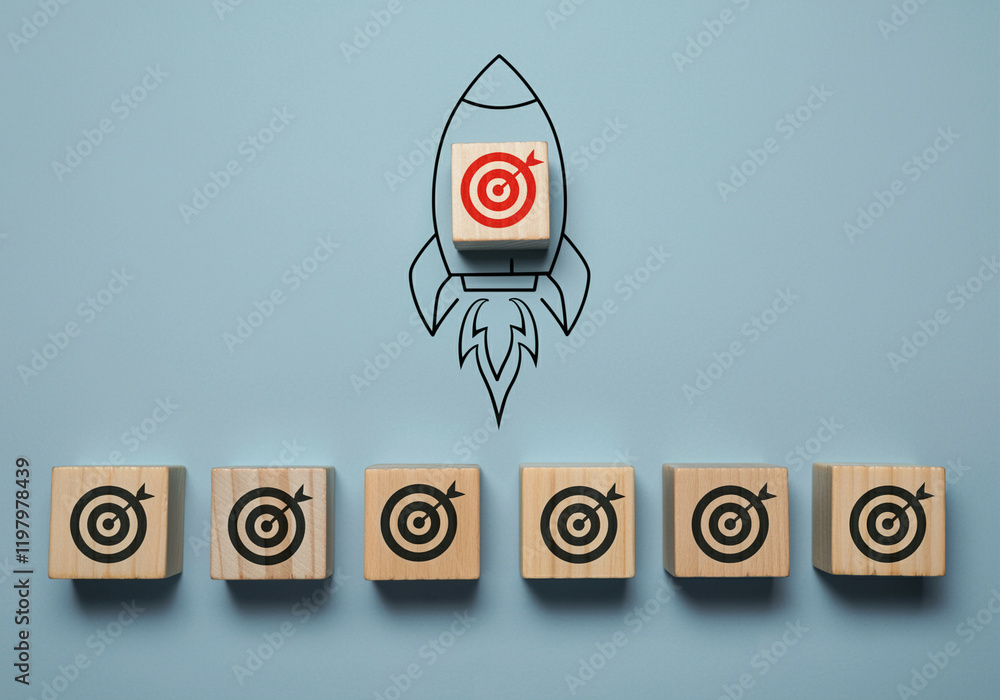 Poster rocket launching towards target blocks for business strategy and goal setting