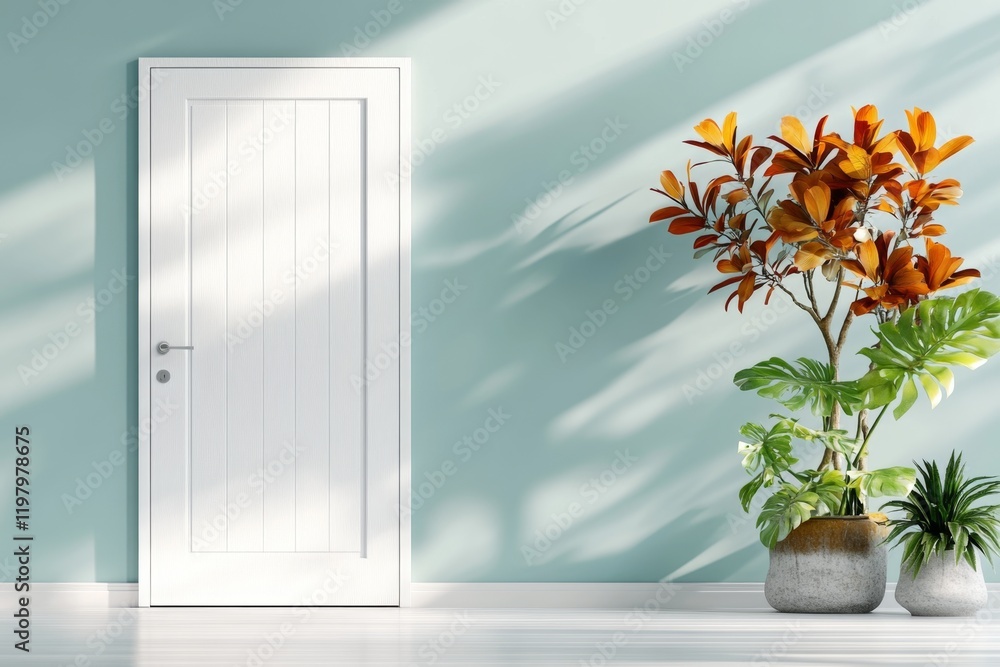 Poster A minimalist concept of an open door with soft light shining through, symbolizing a warm welcome in muted blue tones