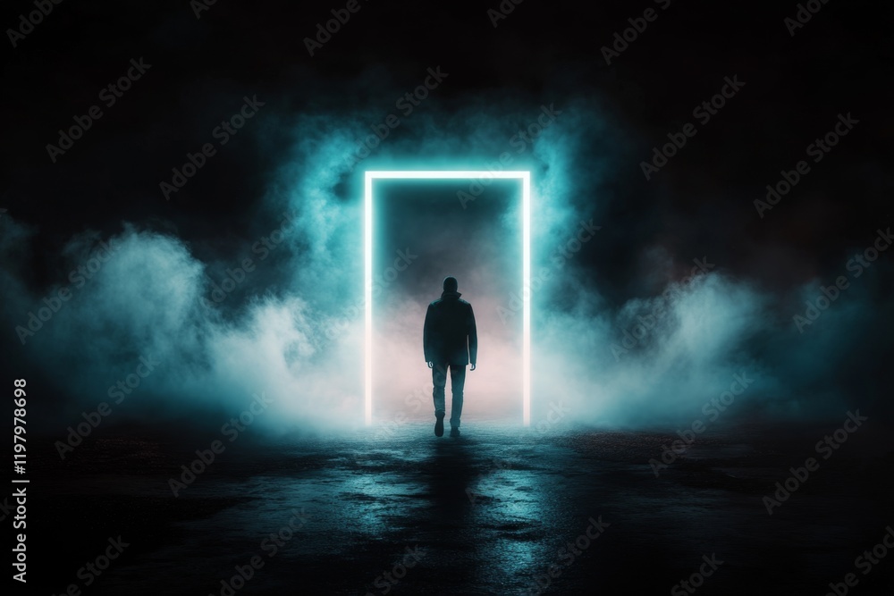 Poster A minimalist concept of an open door with soft light shining through, symbolizing a warm welcome in muted blue tones