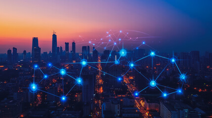 Fototapeta premium abstract, business, team, stands, peak, success, Abstract business man stands on the peak of success amid tall, innovative Smart city and graphs with statistics to analyze business potential and predi