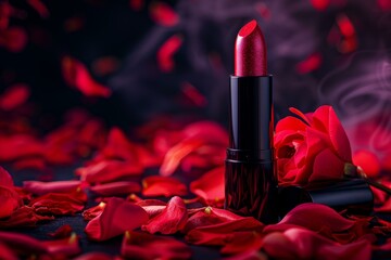 Red lipstick standing on black surface surrounded by rose petals with red roses and smoke in the background