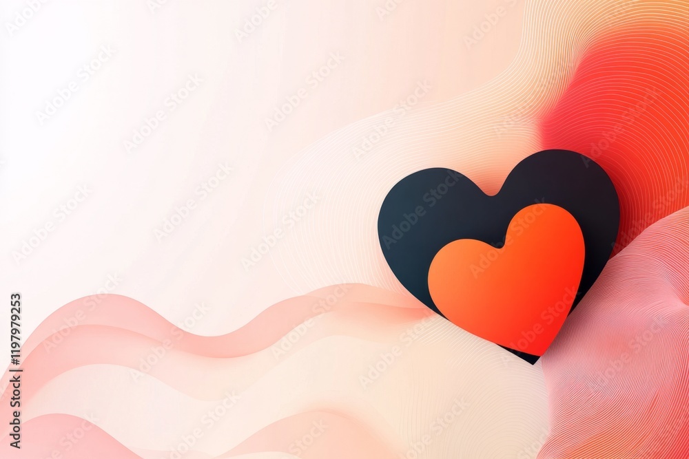Poster a minimalist illustration of two intertwined hearts, drawn with simple, bold lines and a soft pastel