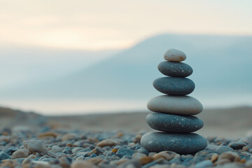Pile of balance rounded zen stones spa still life against natural background with copy space. Harmony concept.