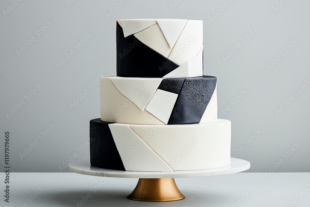 Poster a modern, geometric wedding cake with sharp edges and a simple monochromatic design in black and whi