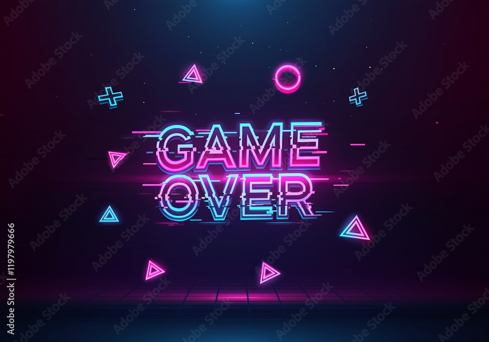 Fototapete text game over neon design with geometric shapes and vibrant colors in a retro arcade style