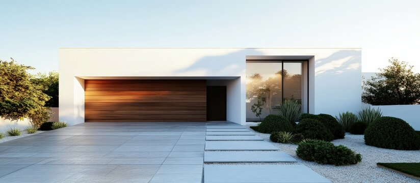 Contemporary white house design featuring sleek lines and a garage.