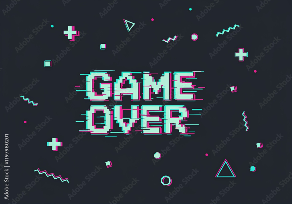 Poster game over text in vibrant graphic design with retro elements and playful shapes