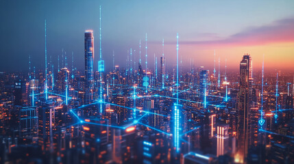 Fototapeta premium abstract, business, team, stands, peak, success, Abstract business man stands on the peak of success amid tall, innovative Smart city and graphs with statistics to analyze business potential and predi