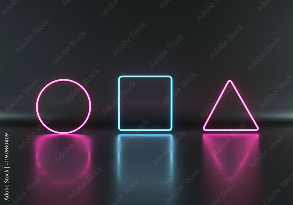 Poster neon shapes in graphic design with glowing circles squares and triangles reflecting on dark backgrou