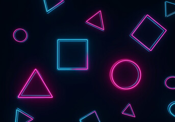 Geometric shapes in neon colors graphic design background featuring triangles squares and circles...