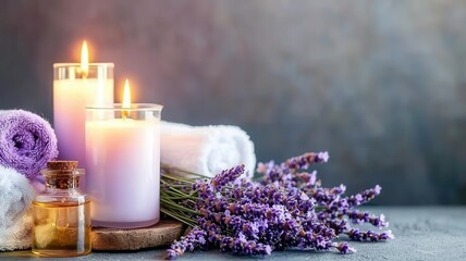 Lavender candlelight aromatherapy spa concept. A serene arrangement of lavender flowers, candles, and towels, creating a calming spa-like atmosphere.