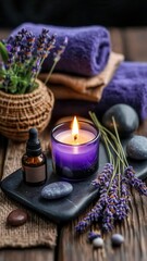 Lavender candlelight aromatherapy spa concept. A serene spa setup featuring a lavender candle, essential oil, stones, and towels, perfect for relaxation and wellness.