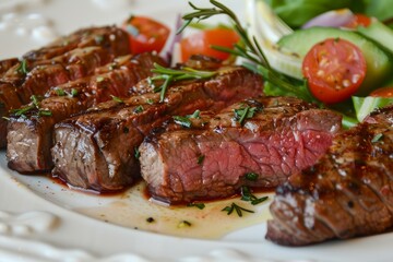 Delicious sliced grilled steak with rosemary and salad, resting on a white plate