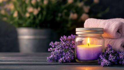 Lavender candlelight aromatherapy spa concept. A serene setup featuring a lit candle in a jar, surrounded by lavender flowers and a soft towel, evoking relaxation and tranquility.