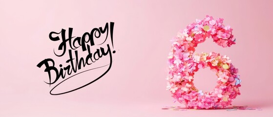 Naklejka premium Happy 6th Birthday Floral Number Six Pink Background Stock Photo