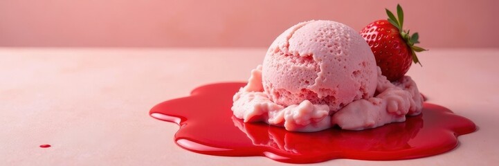 Strawberry ice cream melting, creating a vibrant red pool on a light brown wafer , background, treat, dessert
