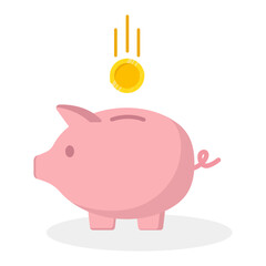 Vector illustration of a piggy bank in pink with a coin. Saving, investing and accumulating money. Pig in flat style. Cute piggy bank in the shape of a pig with a coin.