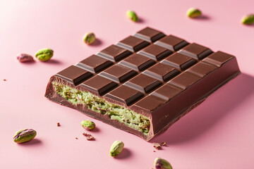 Dubai chocolate bar cut in half with green pistachio kadayif filling with pistachios ingredients around against pastel pink background.
