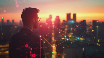 Fototapeta premium abstract, business, team, stands, peak, success, Abstract business man stands on the peak of success amid tall, innovative Smart city and graphs with statistics to analyze business potential and predi