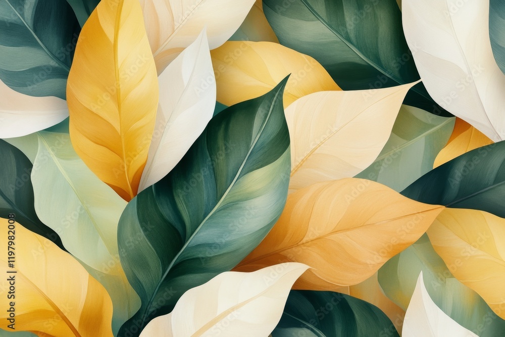 Poster a repeating pattern of minimalist leaves in muted green and beige, creating a clean and organic wall