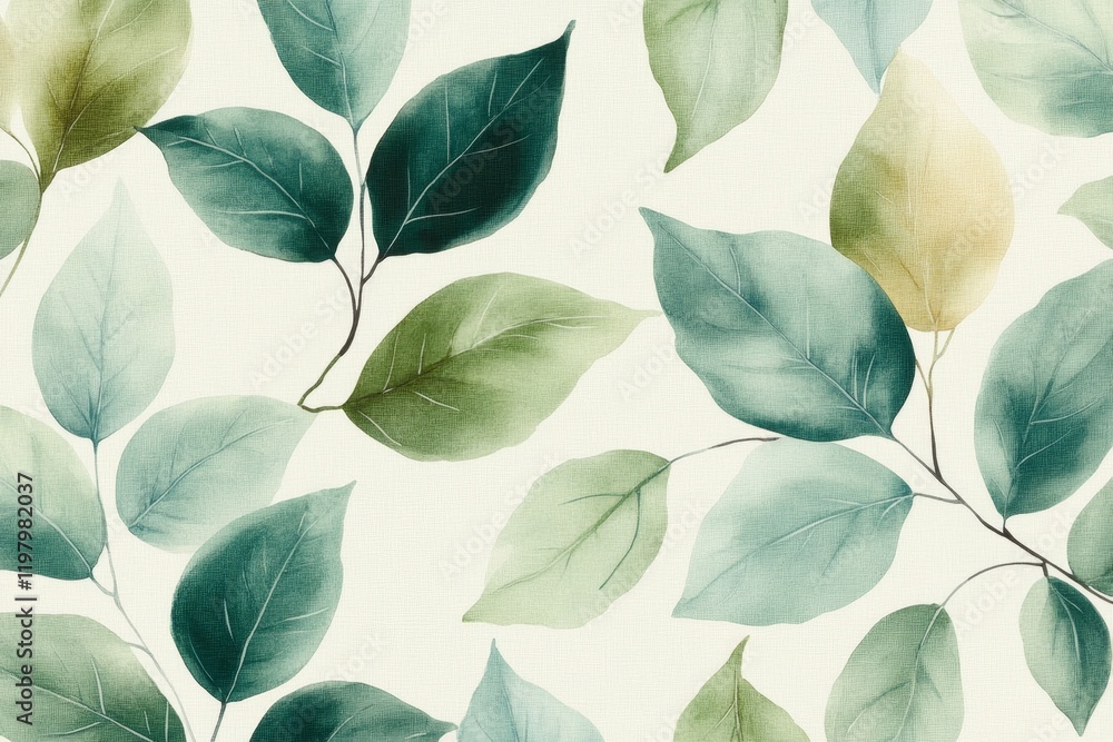 Poster a repeating pattern of minimalist leaves in muted green and beige, creating a clean and organic wall