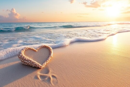 A romantic sunset beach scene with a heart drawn in the sand and waves gently lapping at the edges