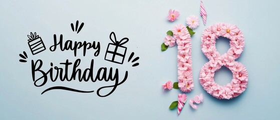 Naklejka premium Happy 18th Birthday Floral Number Design with Gift and Party Decorations