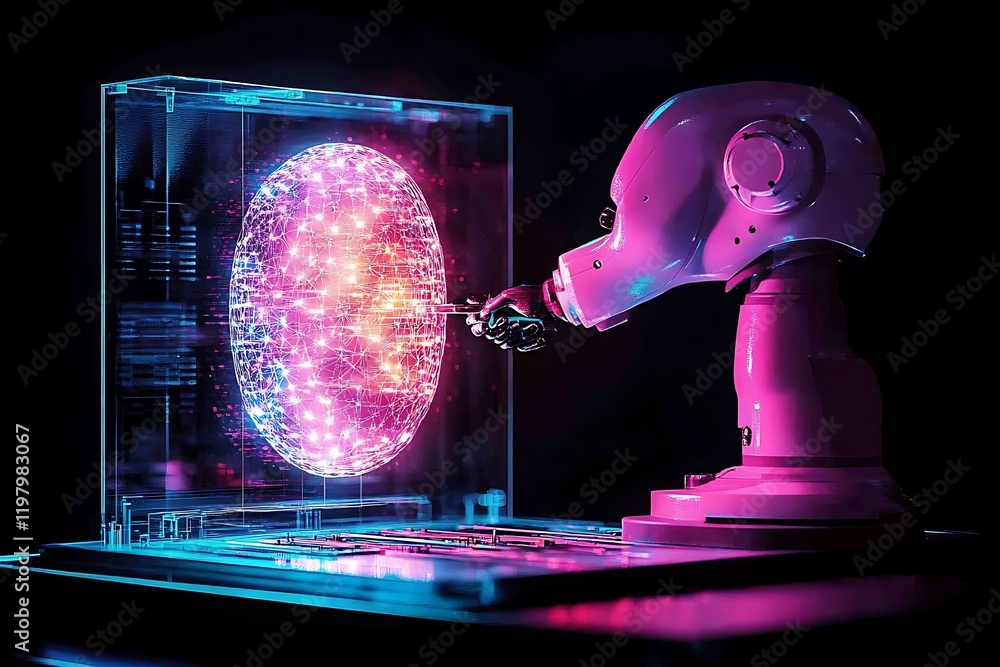 Poster ai robot interacting with holographic data sphere