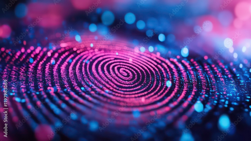 Poster abstract digital fingerprint with vibrant pink and blue glowing particles.