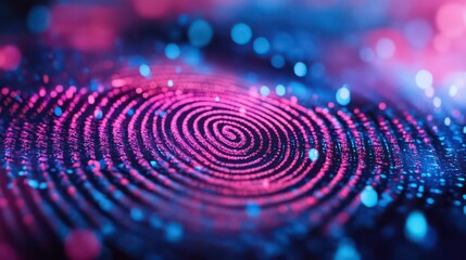 Abstract digital fingerprint with vibrant pink and blue glowing particles.