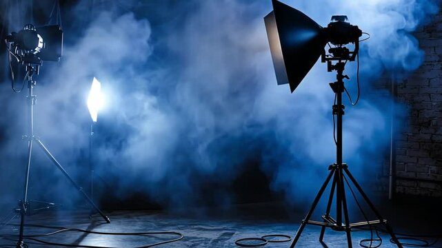 Professional studio setup with fog and lights, symbolizing creativity, cinematic effects, and professional photography tools for innovative visual storytelling.