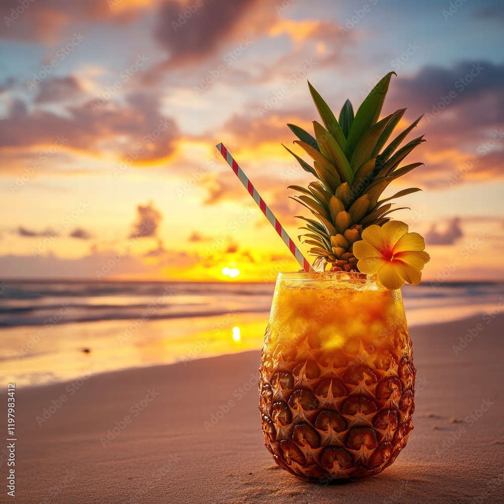 Poster refreshing pineapple drink on the beach during a vibrant sunset with colorful clouds above the ocean