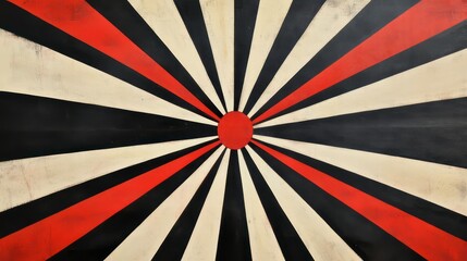 Abstract red, black, and white sunburst pattern on a textured surface.