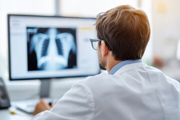 Doctor reviews chest X-rays for flu symptoms at a modern hospital desk