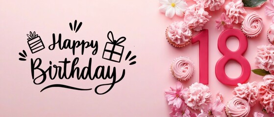 Happy 18th Birthday Celebration with Pink Cupcakes and Flowers
