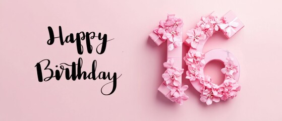 Naklejka premium Happy 16th Birthday Pink Floral Number Sixteen Celebration