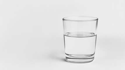 Half-full glass of water on white background.