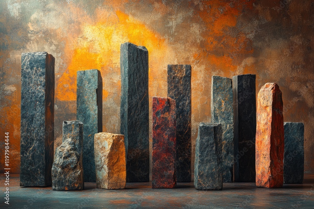 Poster abstract arrangement of various colored and textured stone blocks against a rustic orange background