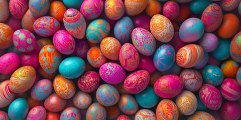 Fototapeta premium Happy Easter Decoration Background with Colorful Eggs and Festive Spring Vibes