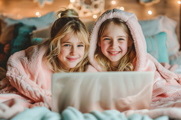 Two young girls in cozy pink blankets watching a laptop in a warm, festive room