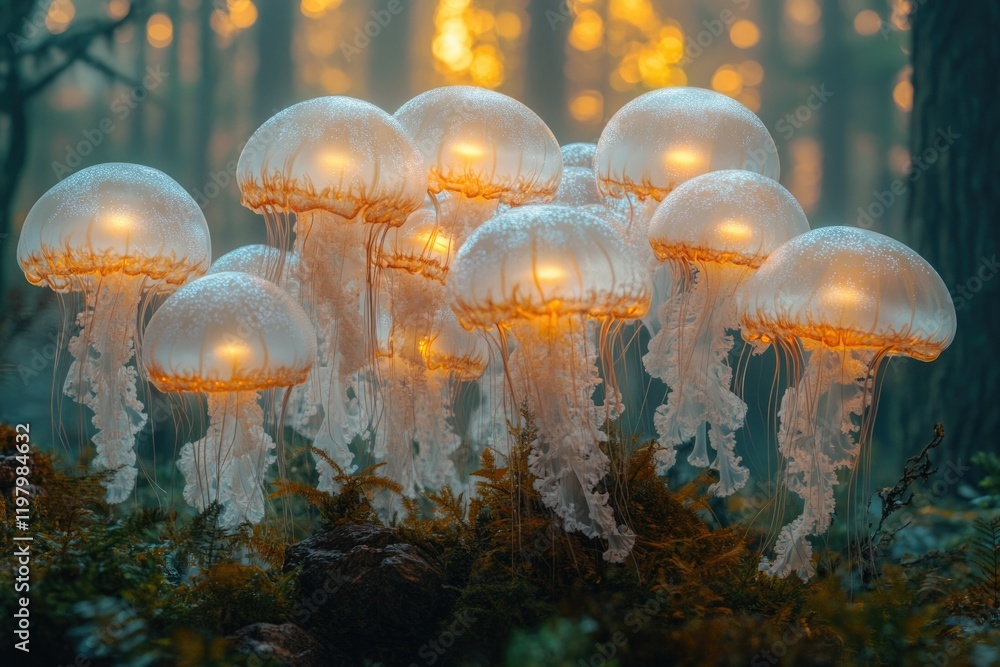 Poster glowing jellyfish illuminate a mystical forest, creating an ethereal and enchanting scene.