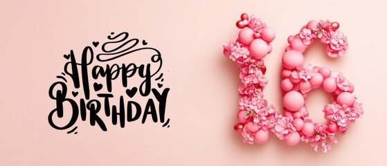 Naklejka premium Happy 16th Birthday Pink Balloons and Flowers Festive Design
