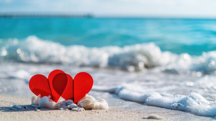 Fototapeta premium Red paper hearts on a white beach with blue sea for Valentine's Day celebration